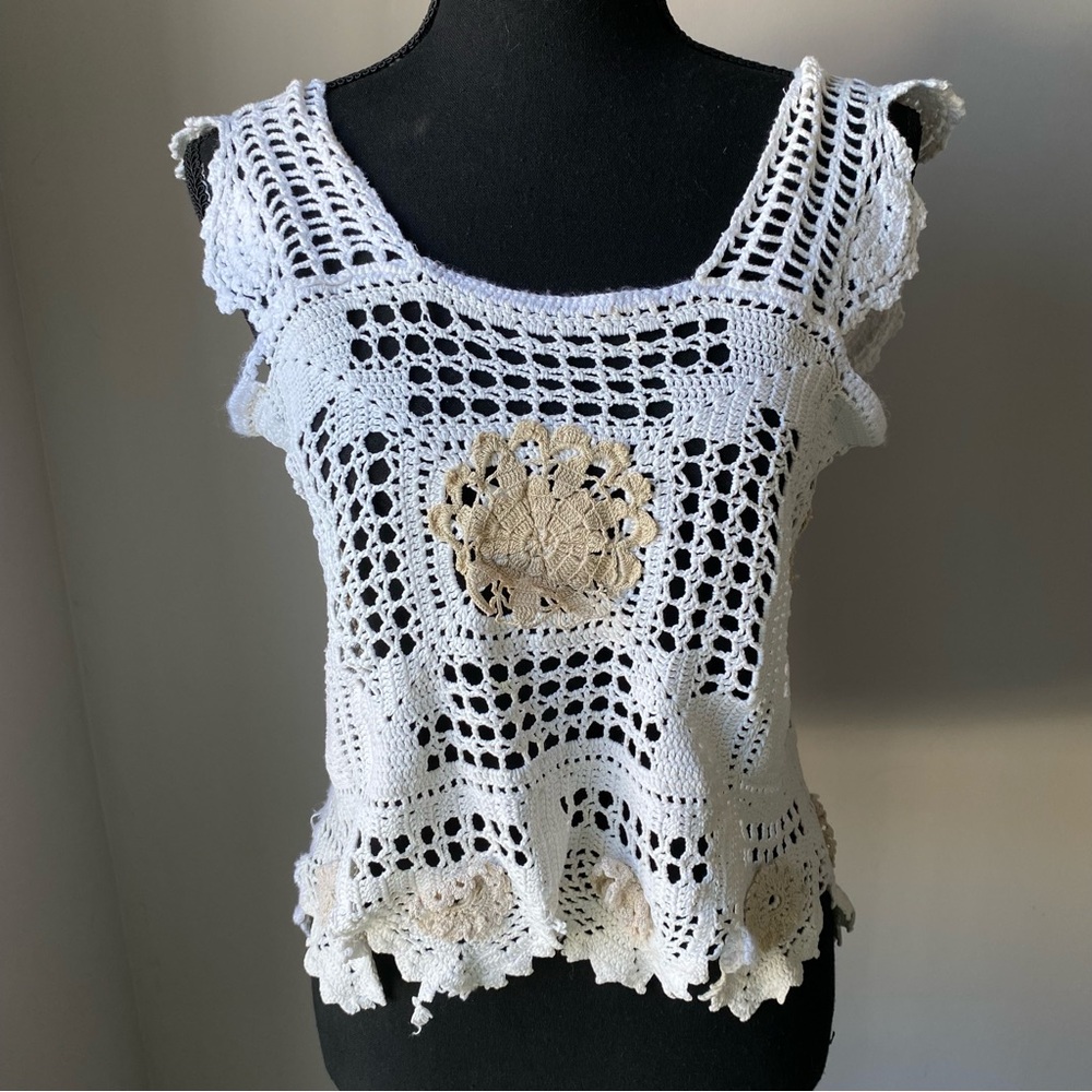 French Sugar Couture White and Tan Crochet Tie Back one size handmade Blouse